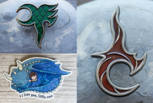 brisingr pin, Little One sticker, yawë pin