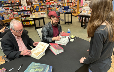 Christopher Paolini and Gerard Doyle in Barnes & Noble in Clifton New Jersey, November 7, 2023. New Jersey 2023. Photo by Peter Monin.